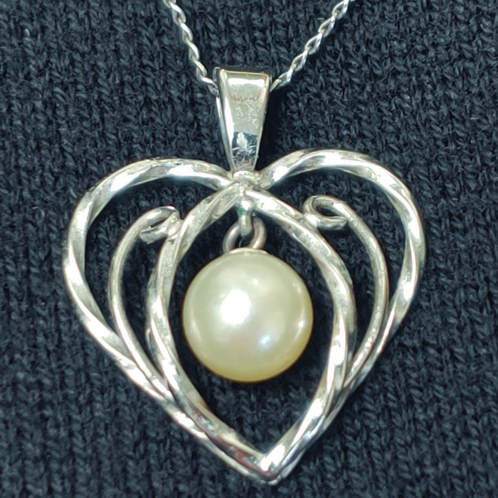 💗Vintage Sterling Silver Pearl Pendant Necklace